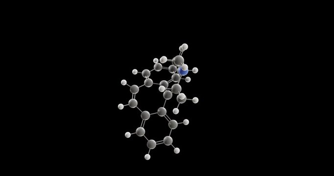 Cyproheptadine molecule, rotating 3D model of antihistamine, looped video on a black background
