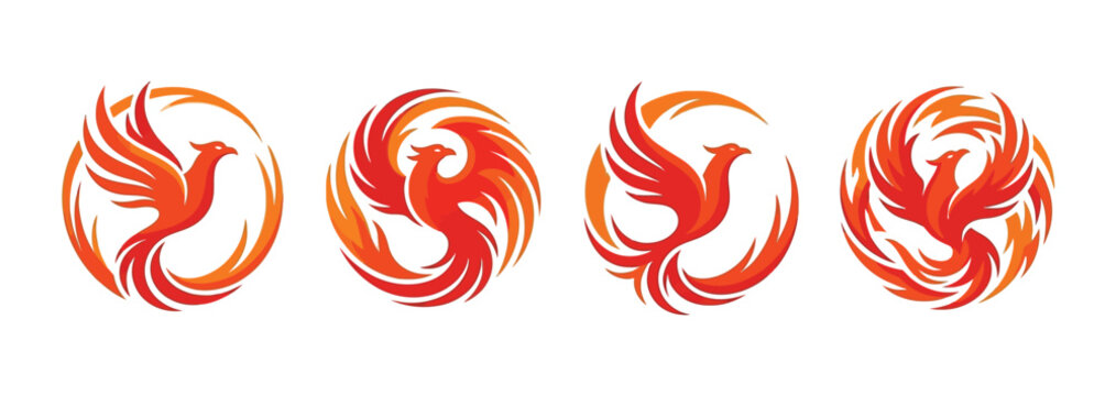 Phoenix bird logo set, mythical fire bird icons in circular flame design, 4 red and orange phoenix vector elements for corporate branding