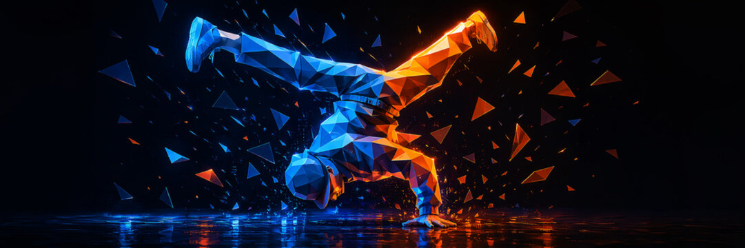 Polygonal low-poly breakdancer performing handstand with vibrant colors