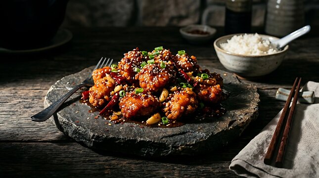 Delicious spicy fried chicken pieces served on a dark stone plate with sesame seeds and green onions for dinner. general tso chicken