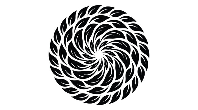 Circular leaf mandala vector, black floral spiral pattern on white background, organic botanical wreath design for eco-friendly branding and wellness logos