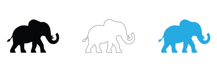 Obraz premium Three elephant icons in black, White, And blue on white background