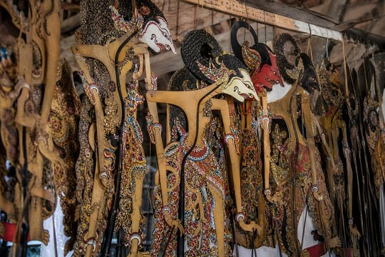 Wayang Kulit Collection Hanging Javanese Traditional Workshop CloseUp Photo