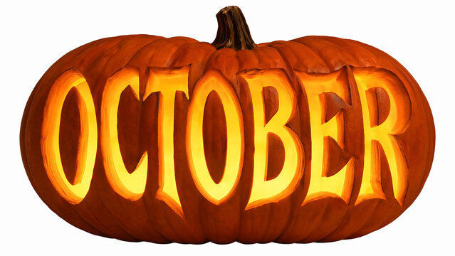 Large orange pumpkin with October carved glowing letters