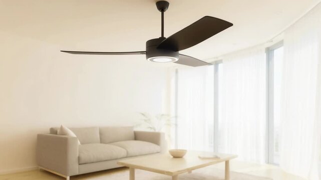 Sleek black ceiling fan slowly spinning in bright modern minimalist living room interior