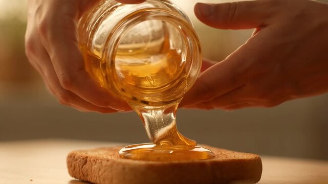 A person pouring fresh golden honey from a glass jar onto a piece of toasted bread.