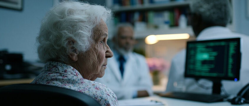 Nachdenkliche &auml;ltere Patientin wartet in der Arztpraxis. Nahaufnahme im Profil einer besorgten Seniorin, w&auml;hrend &Auml;rzte im unscharfen Hintergrund medizinische Daten am Computermonitor besprechen. Konze