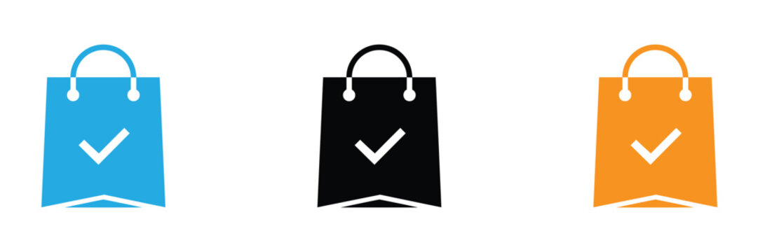 Shopping bags with checkmarks in blue, Black, And orange on white background