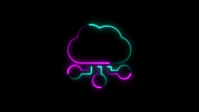 Neon cloud computing network animation on black background
