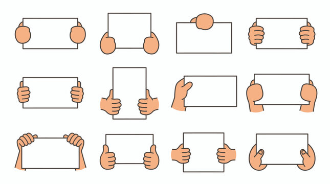 Cartoon hands holding blank paper signs, set of 12 vector hand gestures with empty white cards, human hands gripping message boards for announcements