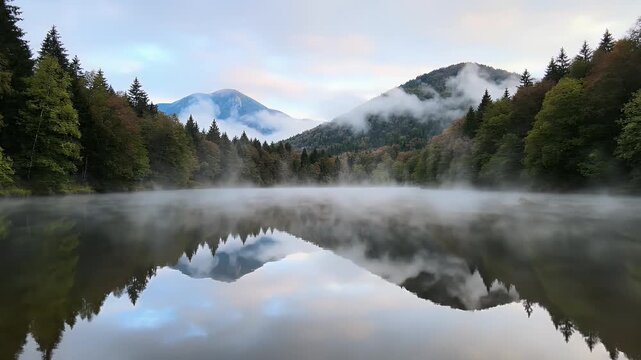 Misty lake mirrors mountains and evergreen forest in soft dawn light