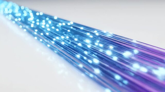 Streaks of luminous blue and purple light stream forward on a white background