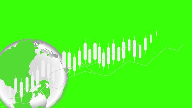 Global market candlestick trend animation, Earth globe on left with ascending blue candlestick stock chart