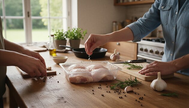 Friends seasoning fresh chicken thighs in rustic kitchen