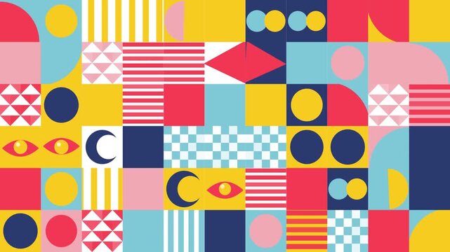 Geometric abstract pattern concept featuring colorful shapes, circles, eyes, and stripes for modern background design