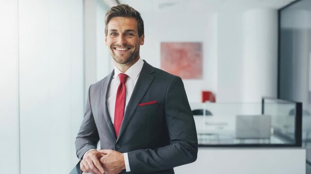 Confident businessman in sharp suit and red tie smiling warmly standing in office