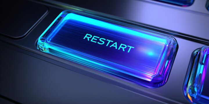 blue glowing restart button on metallic background, neon power restart switch technology concept, futuristic blue reboot button