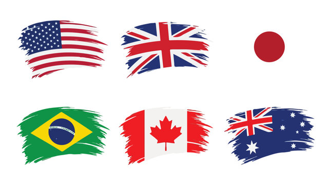 Six national flags with brush strokes on white background for international concept