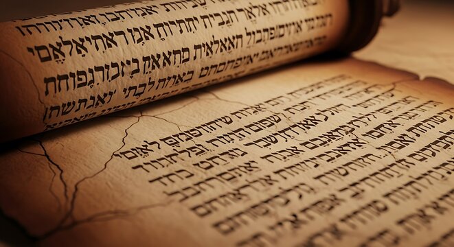 Ancient Hebrew Text in Opened Sacred Scroll Parchment.