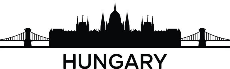 Fototapeta premium Hungary City Skyline Silhouette Vector with Famous Landmark Architecture and Historic Urban Landscape Design