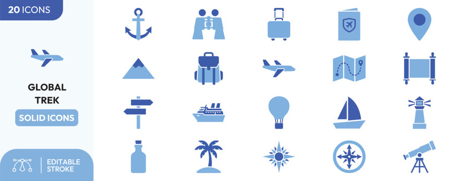 Adventure Trek icon set. Containing maps, compasses, luggage, airplanes, boats, and more. Editable stroke. Vector illustration.