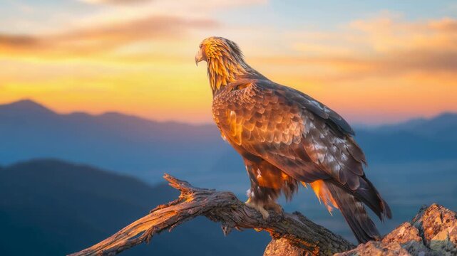 Majestic golden eagle perched on rugged branch overlooking vast mountain landscape wilderness