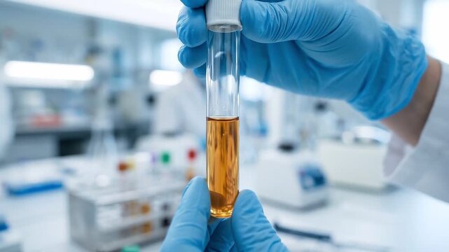Tracking shot close up of gloved hands holding amber test tube while inspecting and swirling sample on sterile laboratory research bench in clinical daytime focused scientific analysis