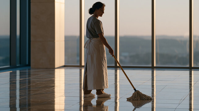 An office cleaning worker mops reflective hallway floors at 5am in an empty corporate building, her distorted reflection visible in the polished surface, capturing invisible