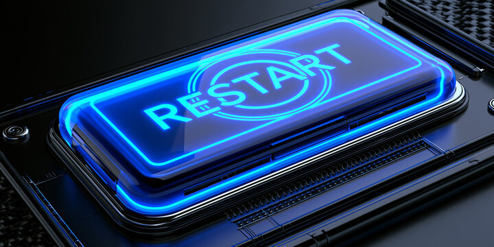 blue glowing restart button on metallic background, neon power restart switch technology concept, futuristic blue reboot button