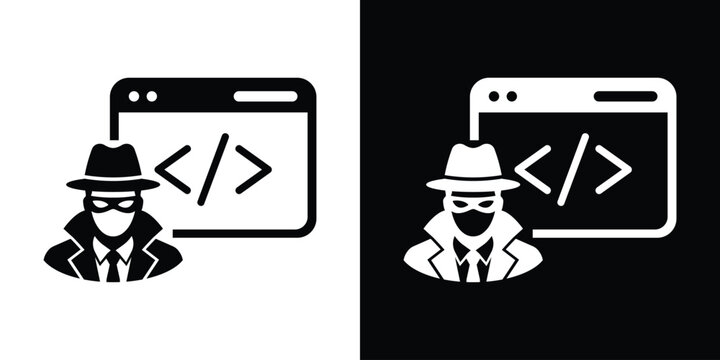 Cyber criminal hacking code concept vector illustration. Hacker character in front of programming script window icon.