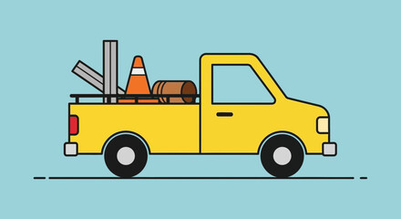 Naklejka premium Yellow Pickup Truck Loaded with Construction Tools and Equipment