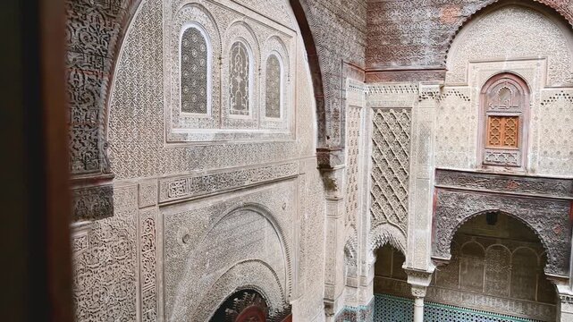 Ornate architectural details of the Bou Inania Madrasa in Fez