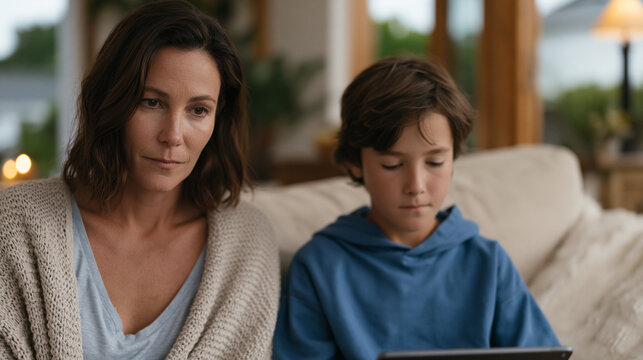 Mother watching her elementary son scroll through a tablet for hours on a rainy afternoon, guilt and indecision on her face as she debates intervening, the living room comfortable