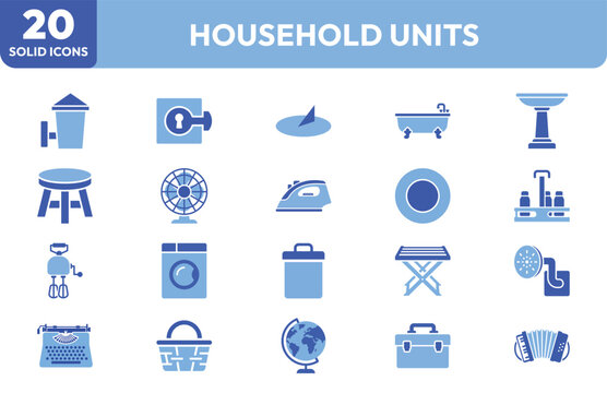 Home Essentials icon set. Containing toilet, sink, bathtub, stool, fan, iron, washing machine, trash bin, folding chair, shower head, sewing machine, globe, toolbox, accordion, and more. Editable stro