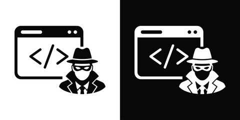Cyber criminal hacking code concept vector illustration. Hacker character in front of programming script window icon. © bibin