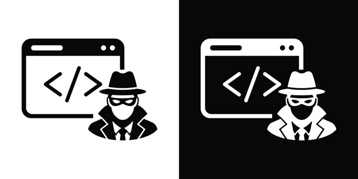 Cyber criminal hacking code concept vector illustration. Hacker character in front of programming script window icon.