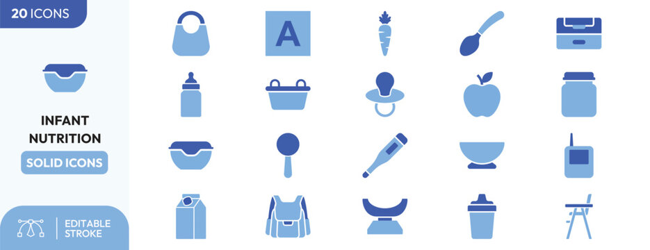 Baby Nutrition icon set. Containing baby bottle, bib, pacifier, carrot, spoon, sippy cup, high chair, jar, backpack, and more. Editable stroke. Vector illustration.