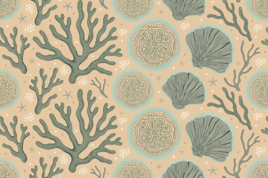 Seamless pattern featuring green coral branches, circular textured patterns, and seashells on a soft beige background, for textile or, wallpaper use