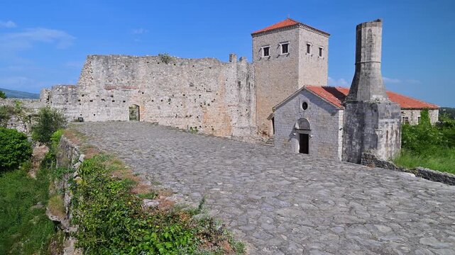 Ancient stone fortress, church, and tower in Ulcinj, Montenegro
