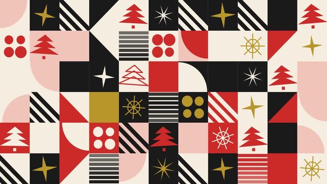 Abstract Geometric Christmas Pattern with Minimalist Pine Trees and Festive Stars in Red Black and Gold