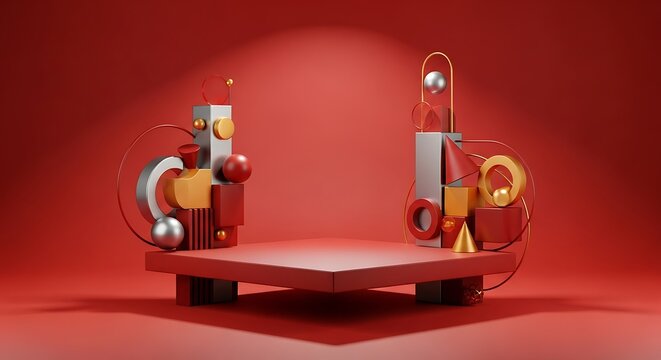 Golden trophy cups on wooden shelf against red background.