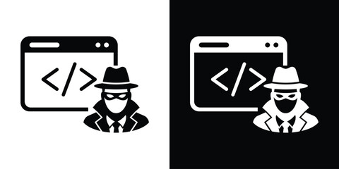 Cyber criminal hacking code concept vector illustration. Hacker character in front of programming script window icon. © bibin