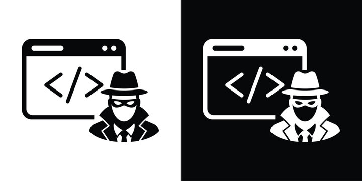 Cyber criminal hacking code concept vector illustration. Hacker character in front of programming script window icon.