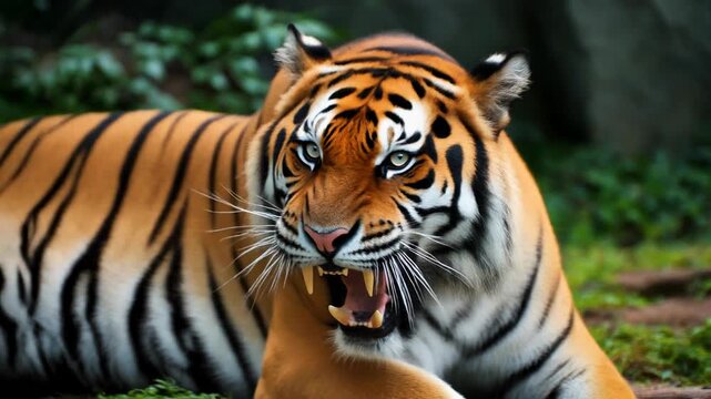 Angry tiger bared fangs, orange fur, black stripes, piercing gaze