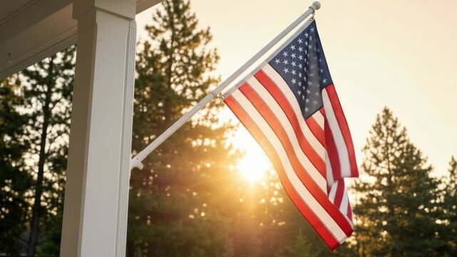 American flag patriotic us flag outdoor garden porch house pole fabric waving during summer sunset sunlight golden. 4th july independence. american flag backyard community, peaceful freedom democracy