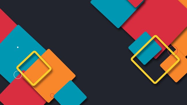 Modern abstract material design background featuring colorful overlapping square shapes on dark gray backdrop