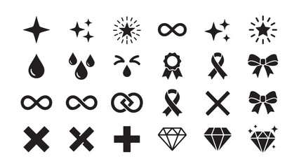 Fototapeta premium Diverse set of black and white vector icons featuring sparkles, water drops, infinity signs, ribbons, crosses, and diamonds
