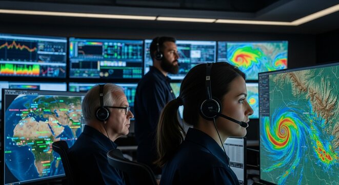 Team of Diverse Professionals Working in a Futuristic Control Center Analyzing Global Weather