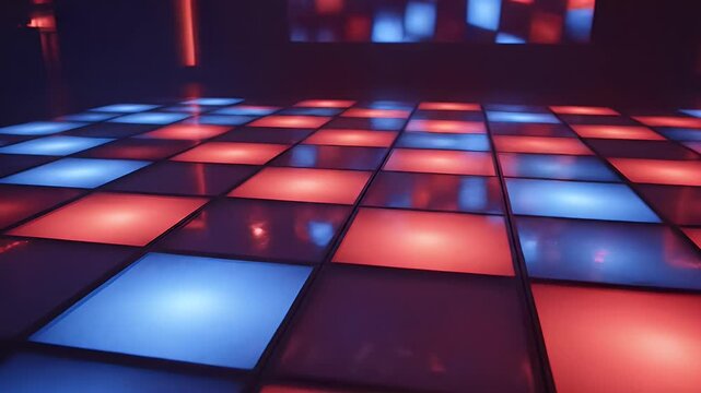 Illuminated floor tiles in red and blue create a dynamic, retro dance party atmosphere
