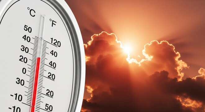 Thermometer Showing High Temperature Against Sun and Dramatic Clouds, Symbolizing Heatwave